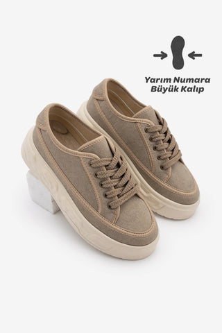 Kadın Sneaker Kalın Ultra Hafif Taban Spor Ayakkabı Ergu - Vizon Keten