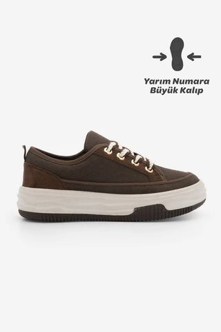 Kadın Sneaker Kalın Taban Spor Ayakkabı Hesna - Kahve Keten