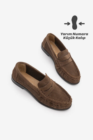 Kadın Hakiki Deri Büzgülü Makosen Loafer Günlük Ayakkabı Kaneri - Kahve Süet