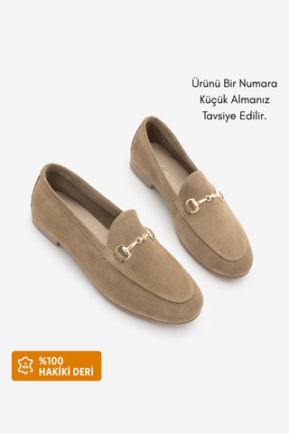 Kadın Hakiki Deri Zincirli Loafer Ayakkabı Tanle - Toprak Süet