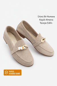 Kadın Loafer Hakiki Deri Tokalı Günlük Ayakkabı Nador - Bej Süet