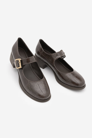 Kadın Tokalı Kalın Topuk Günlük Ayakkabı Loafer Meniz - Kahve Croco