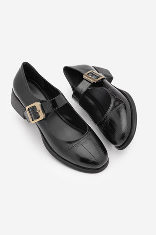 Kadın Tokalı Kalın Topuk Günlük Ayakkabı Loafer Meniz - Siyah Croco
