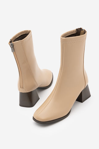 Kadın Topuklu Bot Küt Burun Arkadan Fermuarlı Nayis - Bej