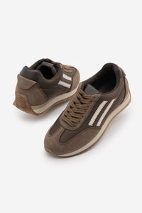 Kadın Süet Görünümlü Şerit Detaylı Çok Parçalı Bağcıklı Retro Günlük Sneaker Spor Ayakkabı Liyante - Vizon Süet