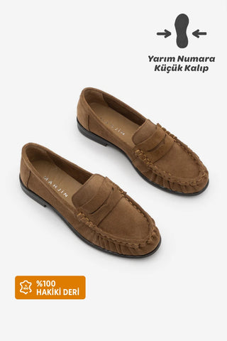 Kadın Hakiki Deri Büzgülü Makosen Loafer Günlük Ayakkabı Lefora - Camel Süet