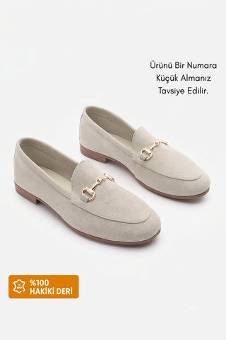 Kadın Hakiki Deri Zincirli Loafer Ayakkabı Tanle - Bej Süet