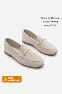 Kadın Hakiki Deri Zincirli Loafer Ayakkabı Tanle - Bej Süet