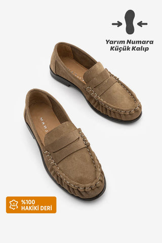 Kadın Hakiki Deri Büzgülü Makosen Loafer Günlük Ayakkabı Lefora - Toprak Süet