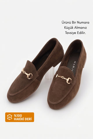 Kadın Hakiki Deri Zincirli Loafer Ayakkabı Tanle - Kahve Süet