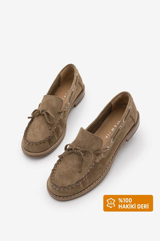 Kadın Hakiki Deri Fiyonklu Loafer Günlük Ayakkabı Savron - Toprak Süet