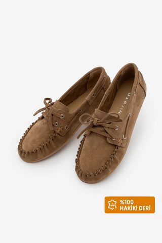 Kadın Hakiki Deri Büzgülü Loafer Günlük Ayakkabı Rudez - Camel Süet