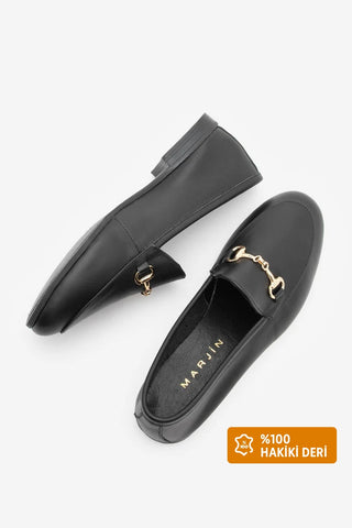 Kadın Hakiki Deri Zincirli Loafer Ayakkabı Tanle - Siyah