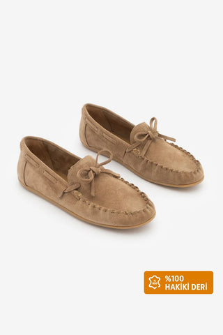 Kadın Hakiki Deri Büzgülü Loafer Günlük Ayakkabı Tavon - Camel Süet