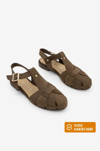 Kadın Hakiki Deri Önü Kapalı Günlük Sandalet Yenzar - Kahve Süet