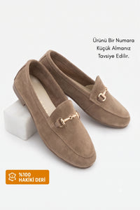 Kadın Hakiki Deri Zincirli Loafer Ayakkabı Tanle - Taba Süet