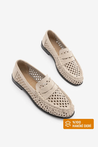 Kadın Loafer Hakiki Deri Delikli Büzgülü Günlük Ayakkabı Lorpe - Bej Süet