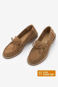 Kadın Hakiki Deri Fiyonklu Loafer Günlük Ayakkabı Savron - Camel Süet