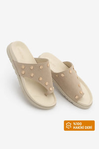 Kadın Hakiki Deri Parmak Arası Zımbalı Günlük Terlik Nobi - Bej Süet