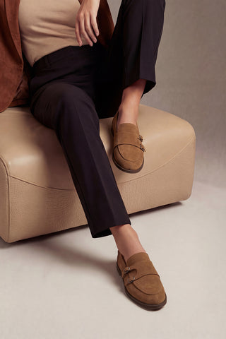 Kadın Loafer Tokalı Çift Bantlı Günlük Ayakkabı Ovora - Taba Süet