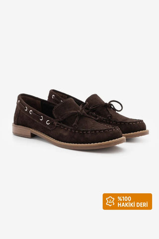 Kadın Hakiki Deri Fiyonklu Loafer Günlük Ayakkabı Savron - Kahve Süet