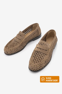 Kadın Loafer Hakiki Deri Delikli Büzgülü Günlük Ayakkabı Lorpe - Camel Süet