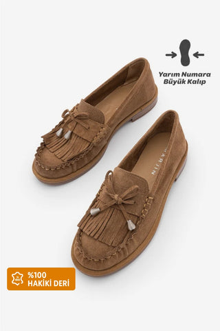 Kadın Hakiki Deri Püsküllü Makosen Loafer Günlük Ayakkabı Ronce - Camel Süet
