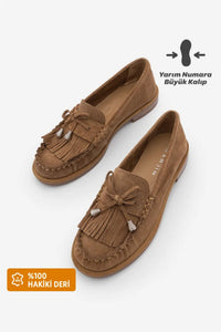 Kadın Hakiki Deri Püsküllü Makosen Loafer Günlük Ayakkabı Ronce - Camel Süet