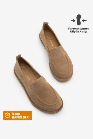 Kadın Hakiki Deri Loafer Günlük Ayakkabı Zinley - Taba Süet
