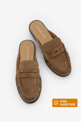 Kadın Hakiki Deri Önü Kapalı Büzgülü Loafer Günlük Terlik Calista - Camel Süet