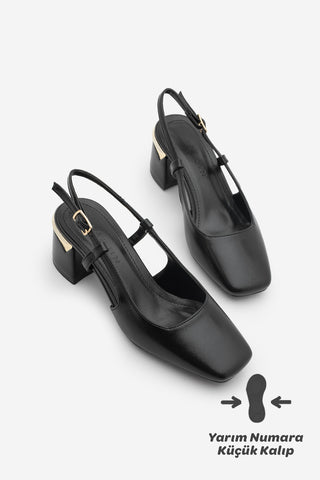 Kadın Kalın Topuk Küt Burun Klasik Topuklu Ayakkabı Likay - Siyah