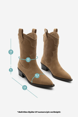 Kadın Sivri Burun Western Bot Voleta - Taba Süet