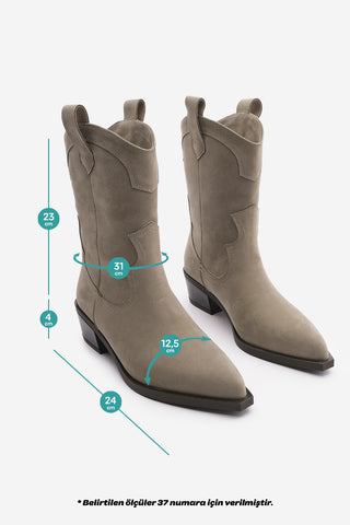 Kadın Sivri Burun Western Bot Voleta - Vizon Süet