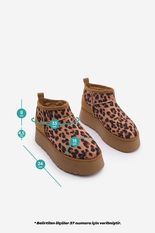 Kadın Kalın Taban İçi Kürklü Bot Tefis - Leopar
