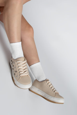Kadın Sneaker Troklu Zımbalı Spor Ayakkabı Viben - Bej