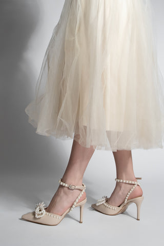 Kadın Stiletto İncili Taşlı Topuklu Ayakkabı Robis - Bej