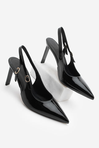 Kadın Stiletto Sivri Burun Topuklu Ayakkabı Pelovi - Siyah Rugan
