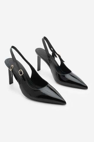 Kadın Stiletto Sivri Burun Topuklu Ayakkabı Pelovi - Siyah Rugan