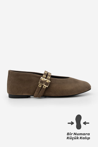 Kadın Çift Bantlı Babet Bekosa - Kahve Süet