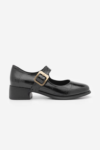 Kadın Tokalı Kalın Topuk Günlük Ayakkabı Loafer Meniz - Siyah Croco
