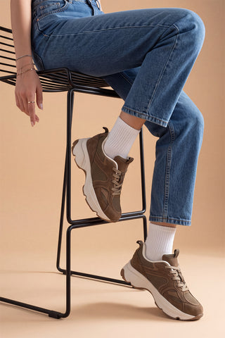 Kadın Süet Dokulu Bağcıklı Günlük Sneaker Terita - Tütün Kahve Süet