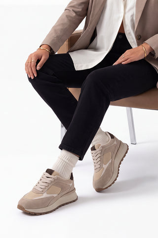 Kadın Sneaker Bağcıklı Spor Ayakkabı Arvon - Bej Süet