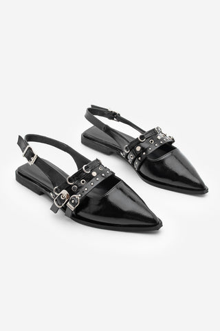 Kadın Sivri Burun Zımbalı Bantlı Babet Moreno - Siyah