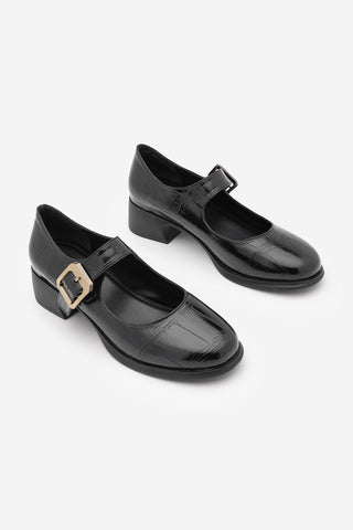 Kadın Tokalı Kalın Topuk Günlük Ayakkabı Loafer Meniz - Siyah Croco