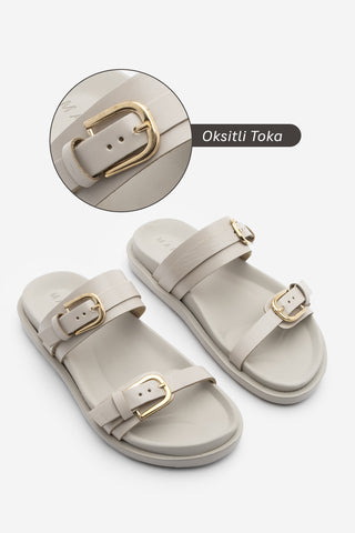 Kadın Hakiki Deri Çift Bantlı Günlük Terlik Tanva - Ekru