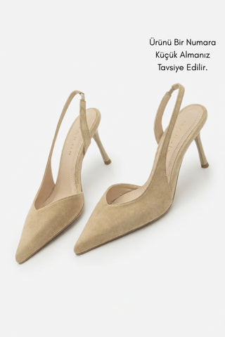 Kadın Stiletto Sivri Burun Topuklu Ayakkabı Esvin - Bej Süet