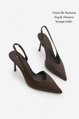 Kadın Stiletto Sivri Burun Topuklu Ayakkabı Esvin - Kahve Süet
