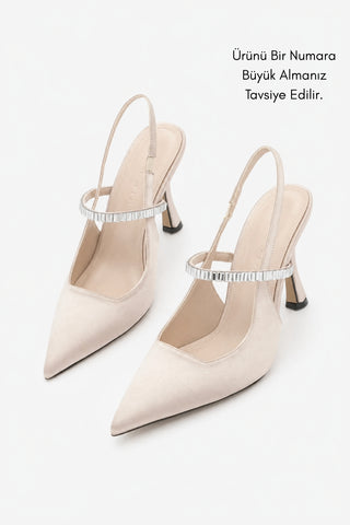 Kadın Stiletto Taşlı Topuklu Ayakkabı Lovan - Bej Saten
