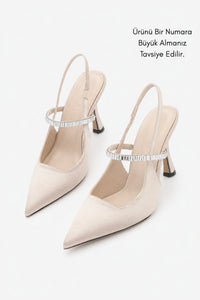 Kadın Stiletto Taşlı Topuklu Ayakkabı Lovan - Bej Saten