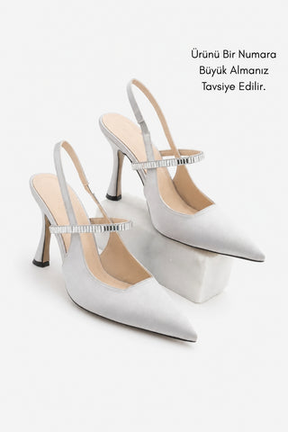 Kadın Stiletto Taşlı Topuklu Ayakkabı Lovan - Gümüş  Saten